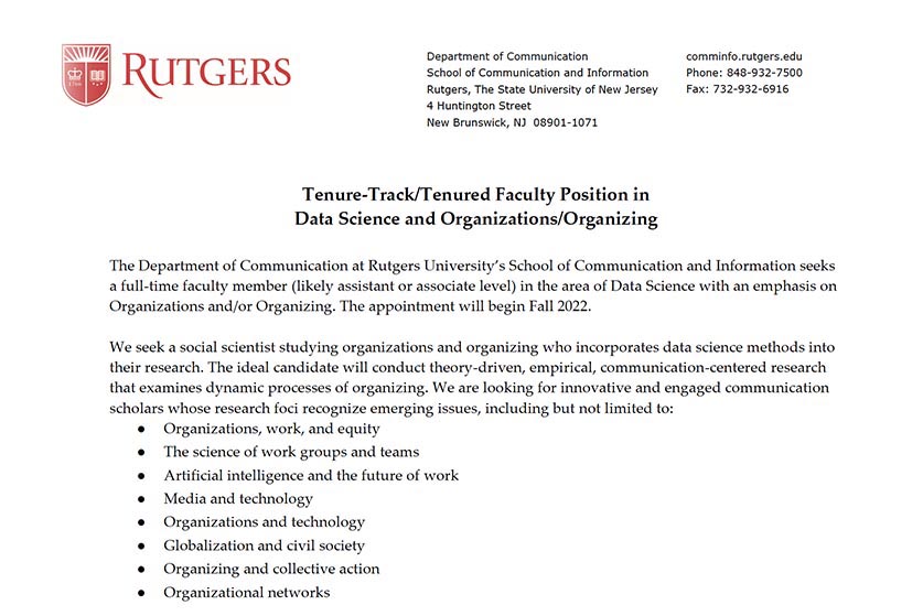 Tenure-Track/Tenured Faculty Position in Data Science and Organizations/Organizing